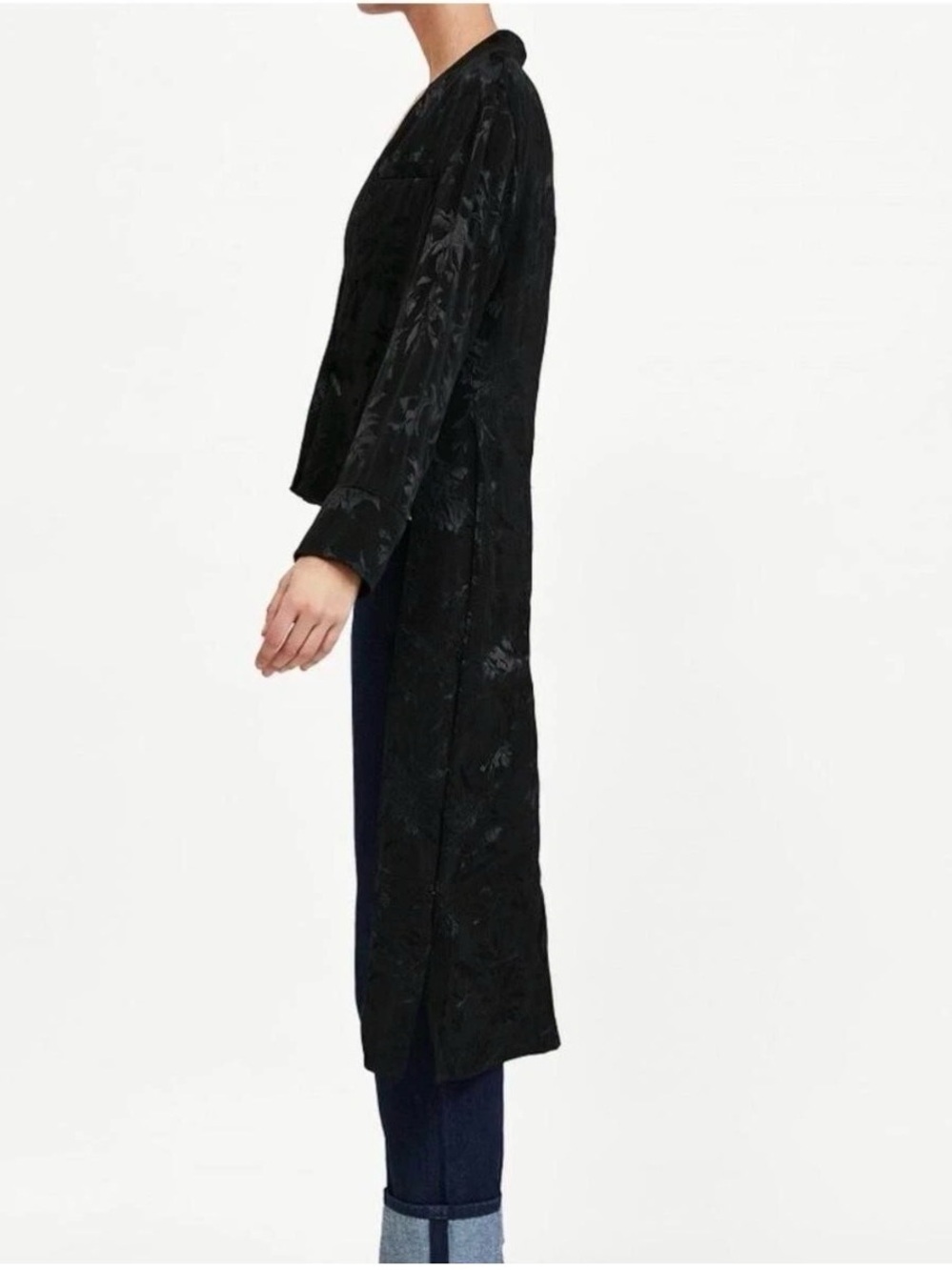 Zara black satin floral embroidered jacquard Brocade high-low blazer jacket Sz L - Picture 3 of 14